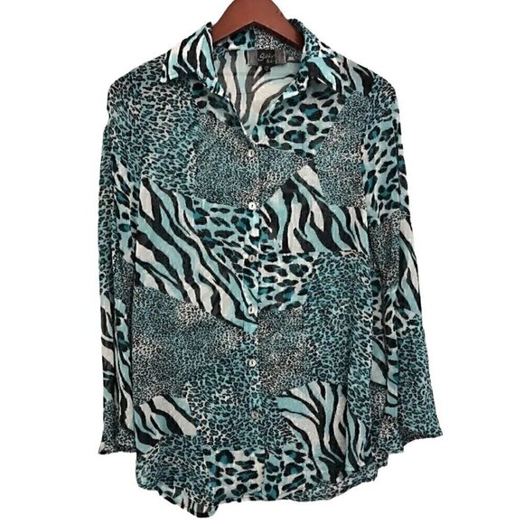 Slinky Brand ladies Blue leopard silky top button down Bell Sleeve Sheer SZ S - Picture 1 of 6